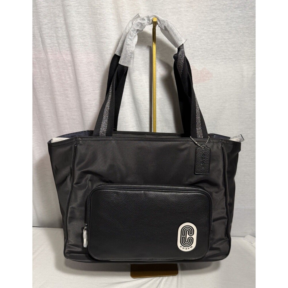 NEW NWT Coach Court Leather & Nylon Tote Handbag Black Shoulder Sport Bag #91061